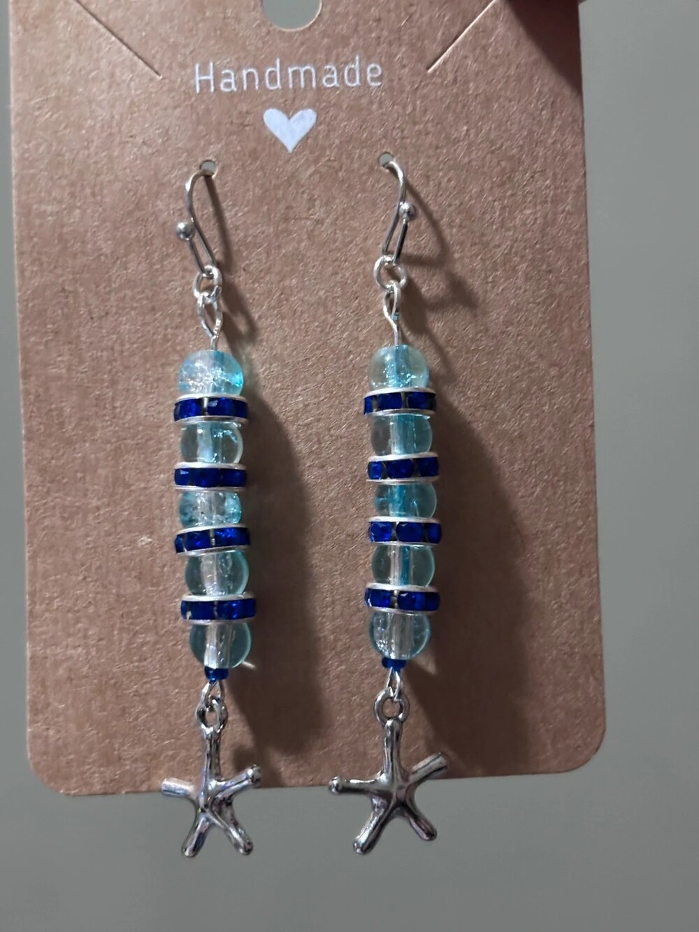 Handmade Starfish Beaded Dangle Earrings Aqua & Cobalt Blue Beach Jewlery